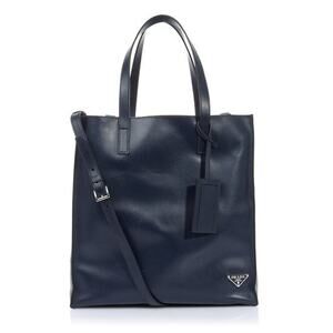 Prada Large Leather Tote Bag w/ Contrast Interior Pouch Navy Blue/Electric Blue
